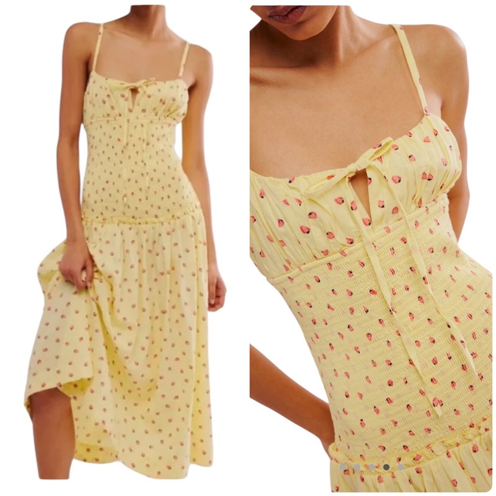 NWOT Free People Strawberry Print Butter Yellow Smocked Midi Sundress Medium